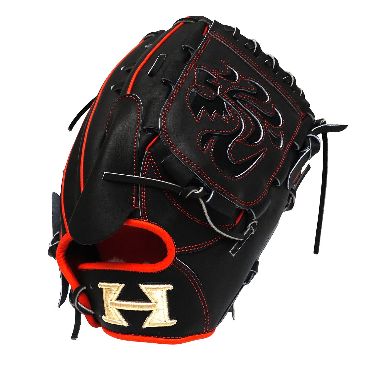 HI-GOLD Pro Special Edition Japan Steerhide 12 inch Pitcher Glove - Black/Orange-Red