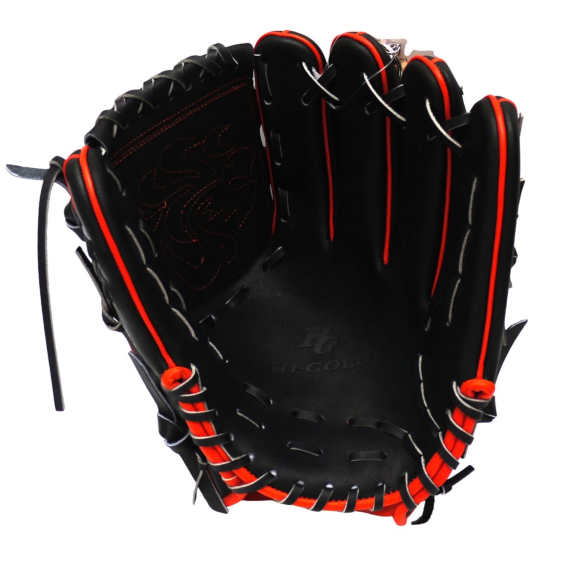 HI-GOLD Pro Special Edition Japan Steerhide 12 inch Pitcher Glove - Black/Orange-Red