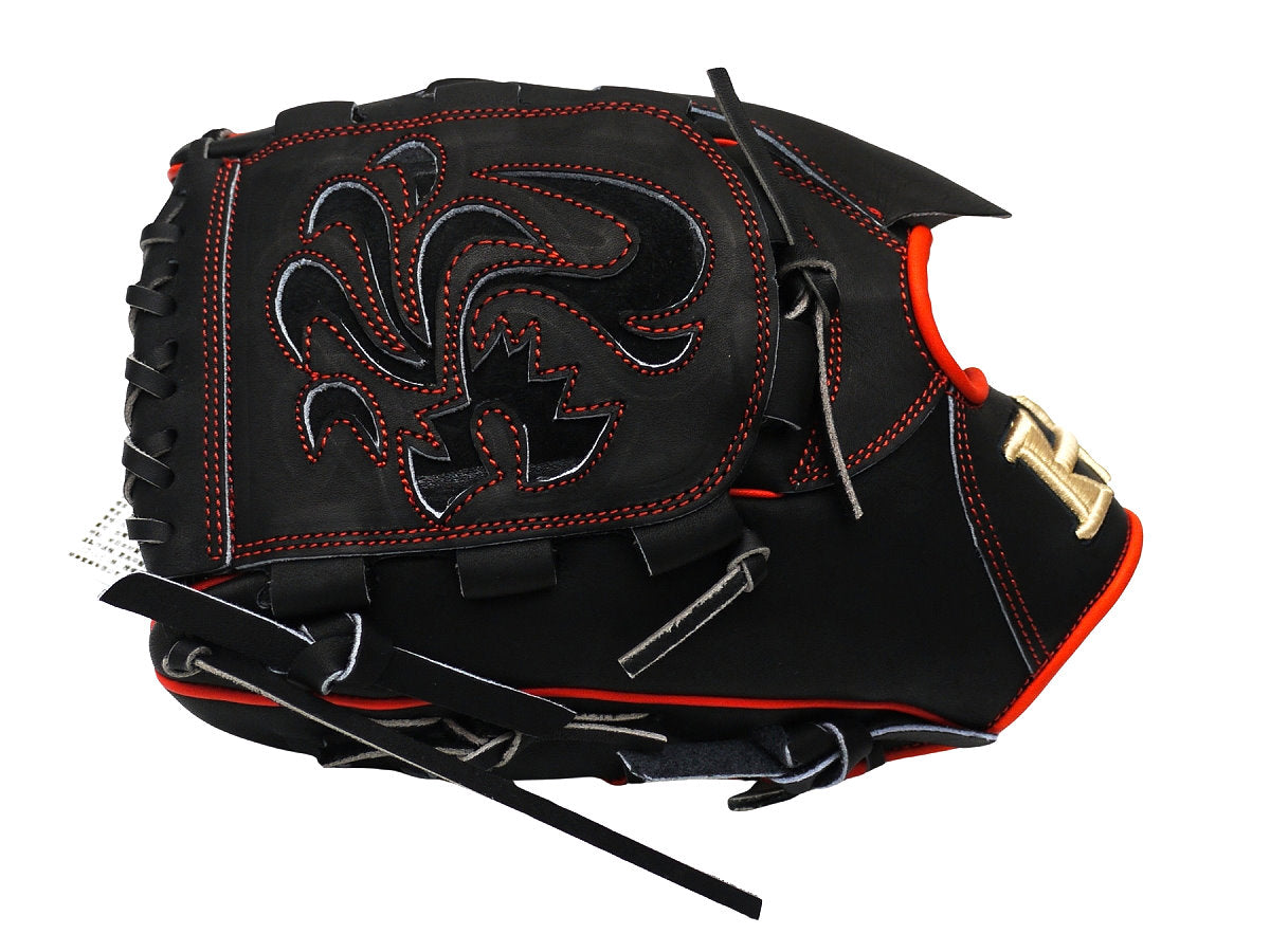 HI-GOLD Pro Special Edition Japan Steerhide 12 inch Left Hand Throw Pitcher Glove - Black/Orange-Red